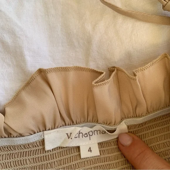 V. Chapman Lily Smocked Ruffle Tiered Fitted Midi Dress Doeskin Beige Cream Tan - Picture 4 of 7